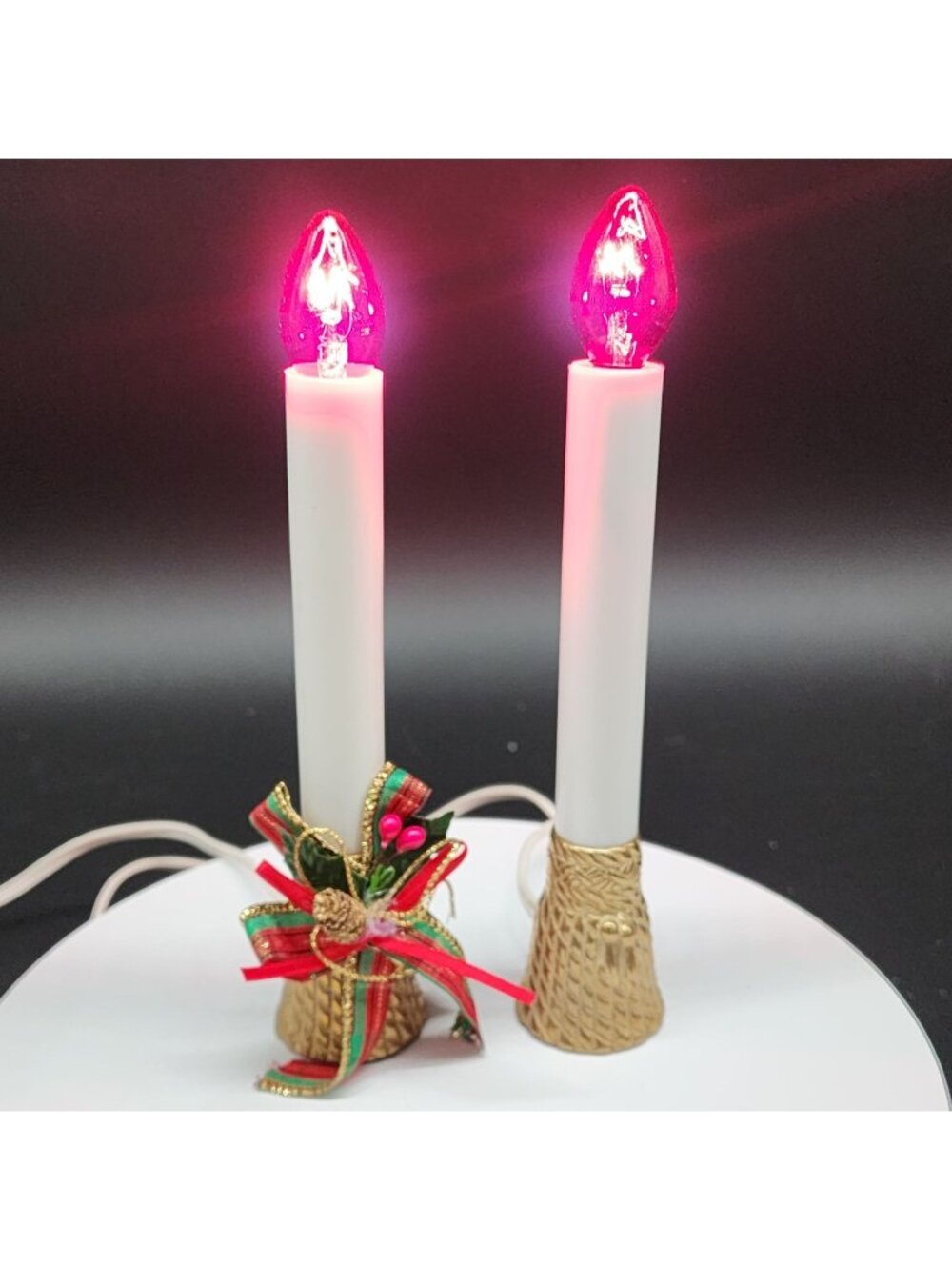 Electric Candle Lights Textured Brass Base Red Bulbs Ornate 8"